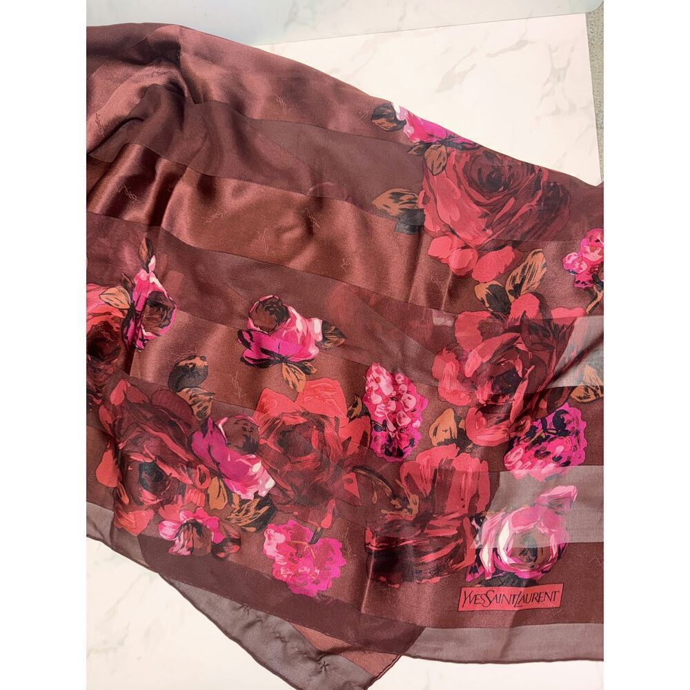 YSL Floral Silk Scarf in Rich Brown - Excellent Condition - Picture 3 of 3